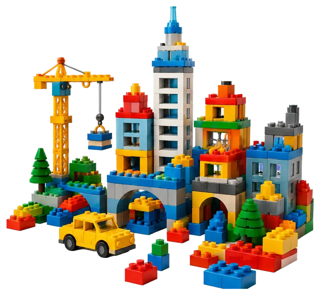Construcción LEGO de ciudad con grúa, edificios y coche